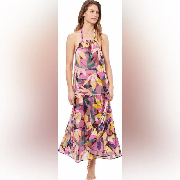 Profile by Gottex XL Pink Floral Gioa Mesh Swim Cover Up Halter Maxi Dress NEW - Picture 2 of 11
